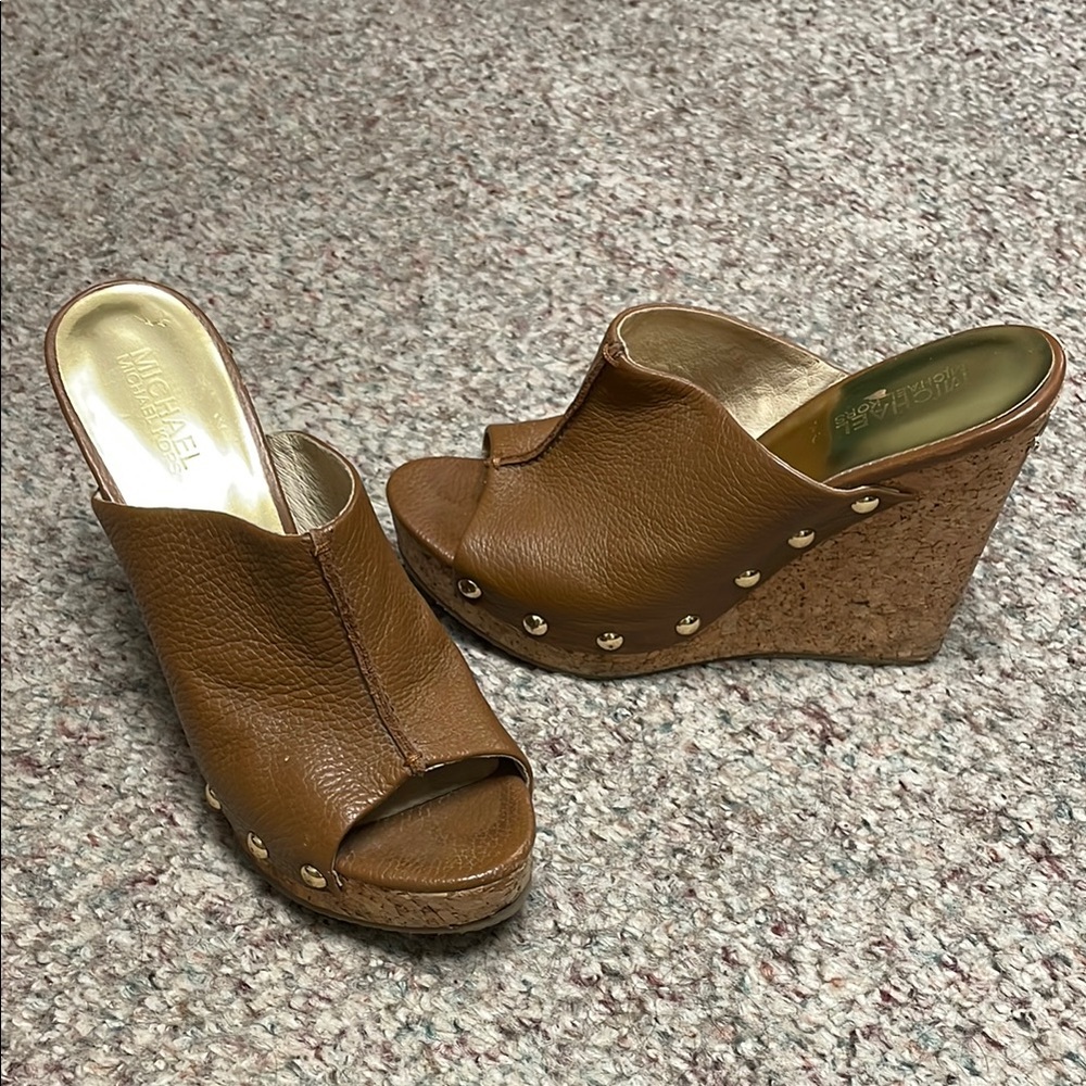 Michael Kors Brown Leather Wedge Sandals with gold Studded Details